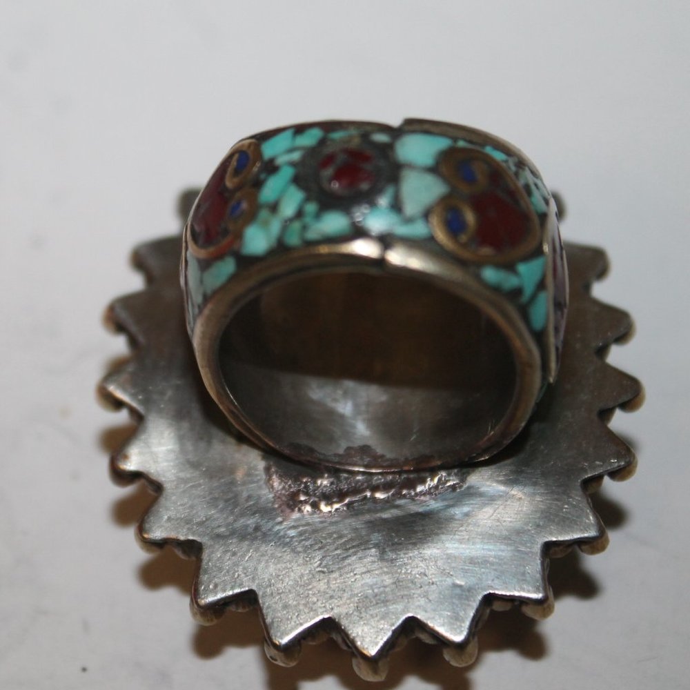 Heavy 925 Zuni Navajo Spiny Oyster Coral Turquoise Cinnabar Native American Ring - Picture 12 of 12